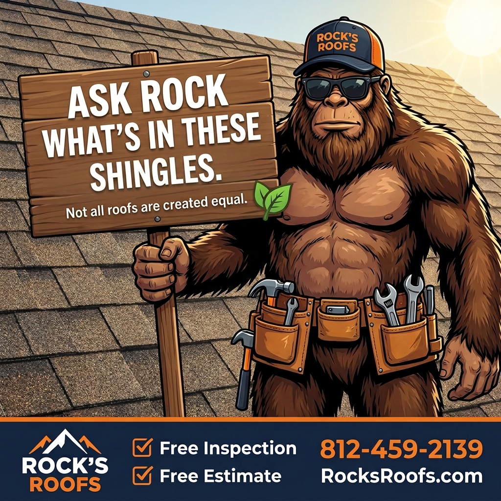 Rock the Sasquatch mascot holding a sign that says Ask Rock What's In These Shingles — not all roofs are created equal